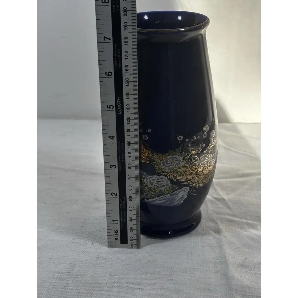 Vintage UC Japan Peacock Vase Cobalt Blue Gold Floral 7” Porcelain